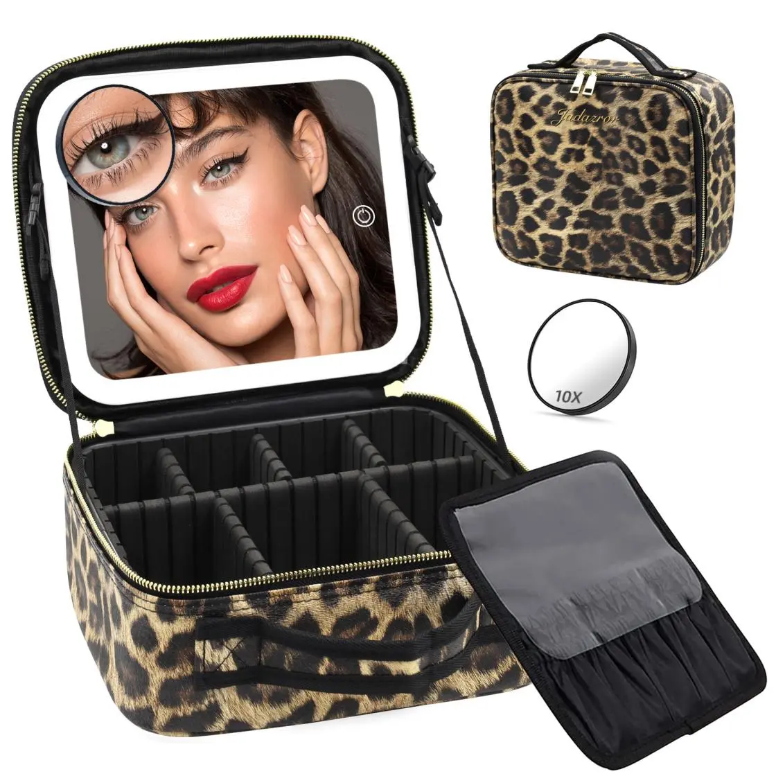 Leopard Print Travel Makeup Case with a Bright LED Lighted Mirror, Waterproof Cosmetic Organizer with Adjustable Dividers for Flawless Makeup, Durable