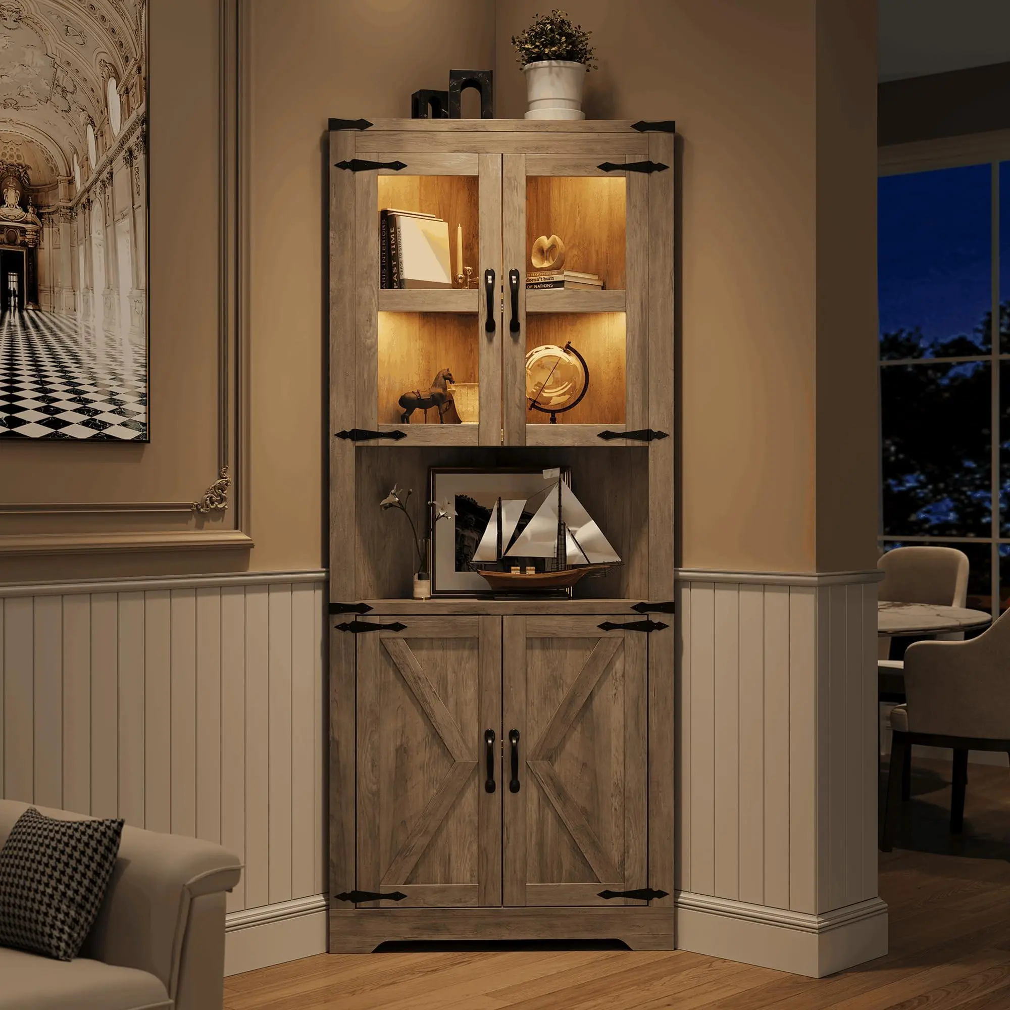 67in Farmhouse Corner Storage Cabinet with Lights, Glass Doors & Display Shelves for Kitchen, Living Room or Bathroom, Washed Grey