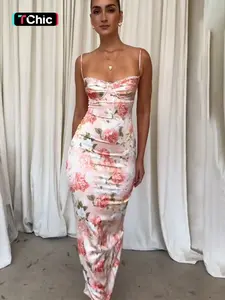 Women's Floral Formal Print Contrast Lace Ruched Split Back Cami Dress, Elegant Ring Linked Adjustable Strap Backless Bodycon Dress for Party Holiday Wedding Guest, Ladies Summer Clothes, Elegant Fitted Dresses, Floral Printed Dress