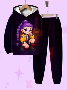 Girls' Hooded Sweatshirt Set, Casual Fitted Print Design, Spring & Fall Wear, Comfortable Moderate Fabric