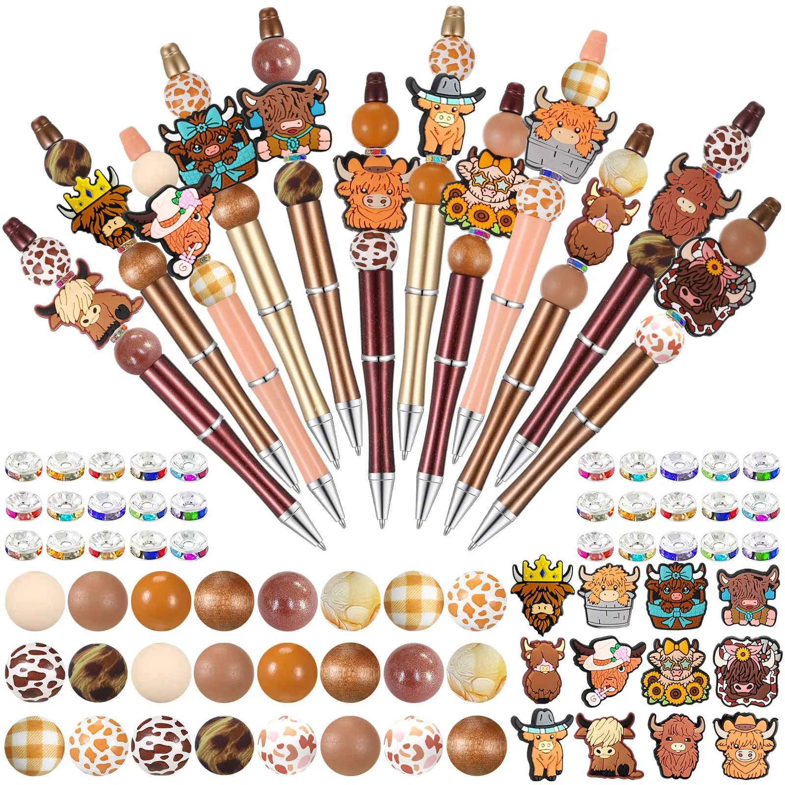 12 Set Beadable Pens Assorted Bead Pens Wood Crystal Round Spacer Set Black Ink DIY Ballpoint for Women Men Gift Office Supplies