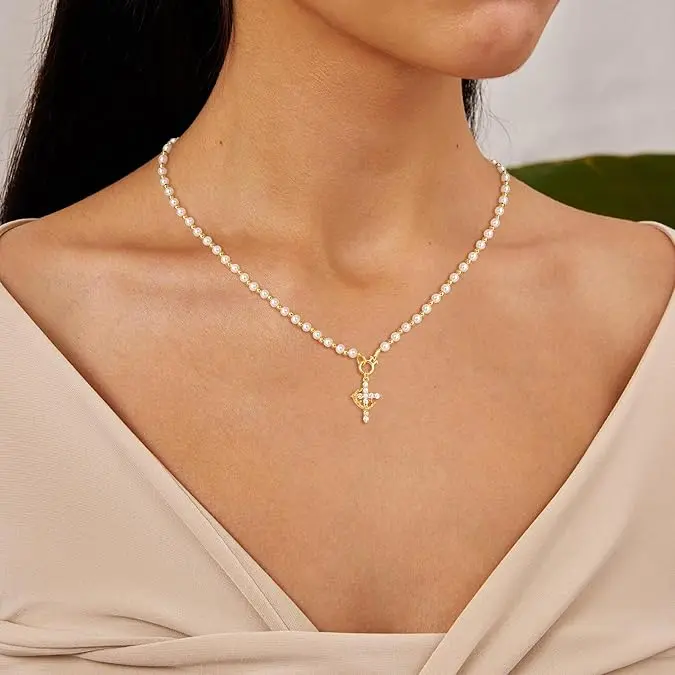 Tewiky 14K Gold Plated Zircon Cross & Pearl Necklace for Women Trendy, Dainty 14K Gold Plated / Sterling Silver Cubic Zirconia Cross Pendant Necklace, Simple Diamond Cross Charm Waterproof Jewelry for Women – Perfect for Easter & Mother's Day Gifts summer