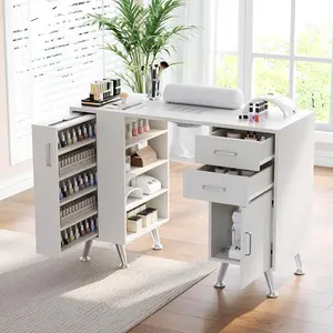 Manicure Table Nail Desk, Nail Station with Glass Top Wrist Rest Electric Dust Collector Storage Drawers Cabinet, Beauty Salon Workstation for Nail Tech, White