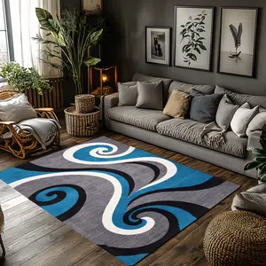 Grey Blue Black White Abstract Swirl Crystal Velvet Area Rug Non‑Slip Modern Living Room Rug #AbstractSwirlRug #ModernHomeDecor #GreyBlueBlackWhiteRug #GeometricPatternCarpet #CrystalVelvetRug