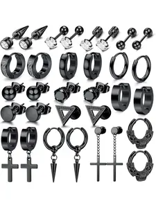 16 Pairs Black Earrings, Gothic Earrings Hip Hop Vampire Halloween Party,Y2K Punk Earrings,Studded Cross Earrings,Cross Dangle Hoop Earrings Stud Set, Stainless Steel Hypoallergenic Earring For Men Women Unisex