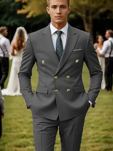 Men's double-breasted business suit, high-end and fashionable premium evening dress, groom and best man wedding dress suit, formal social occasion suit, Male professional commuting wear Blazer+ trousers, Long Sleeve, Fitted, Pants, Menswear, Long, Plain