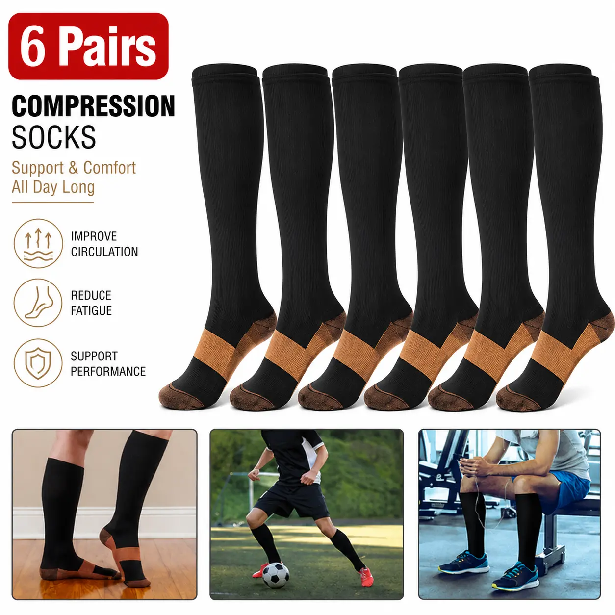 6 Pairs Knee High Compression Socks for Men & Women, Graduated Athletic Support Socks for Running, Travel & Work