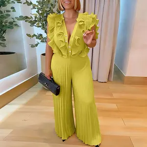 ChicMe Women's Ruffles Spliced V-Neck Sleeveless Button Front Pleated Overalls Casual Zipper Back Wide Leg Jumpsuit