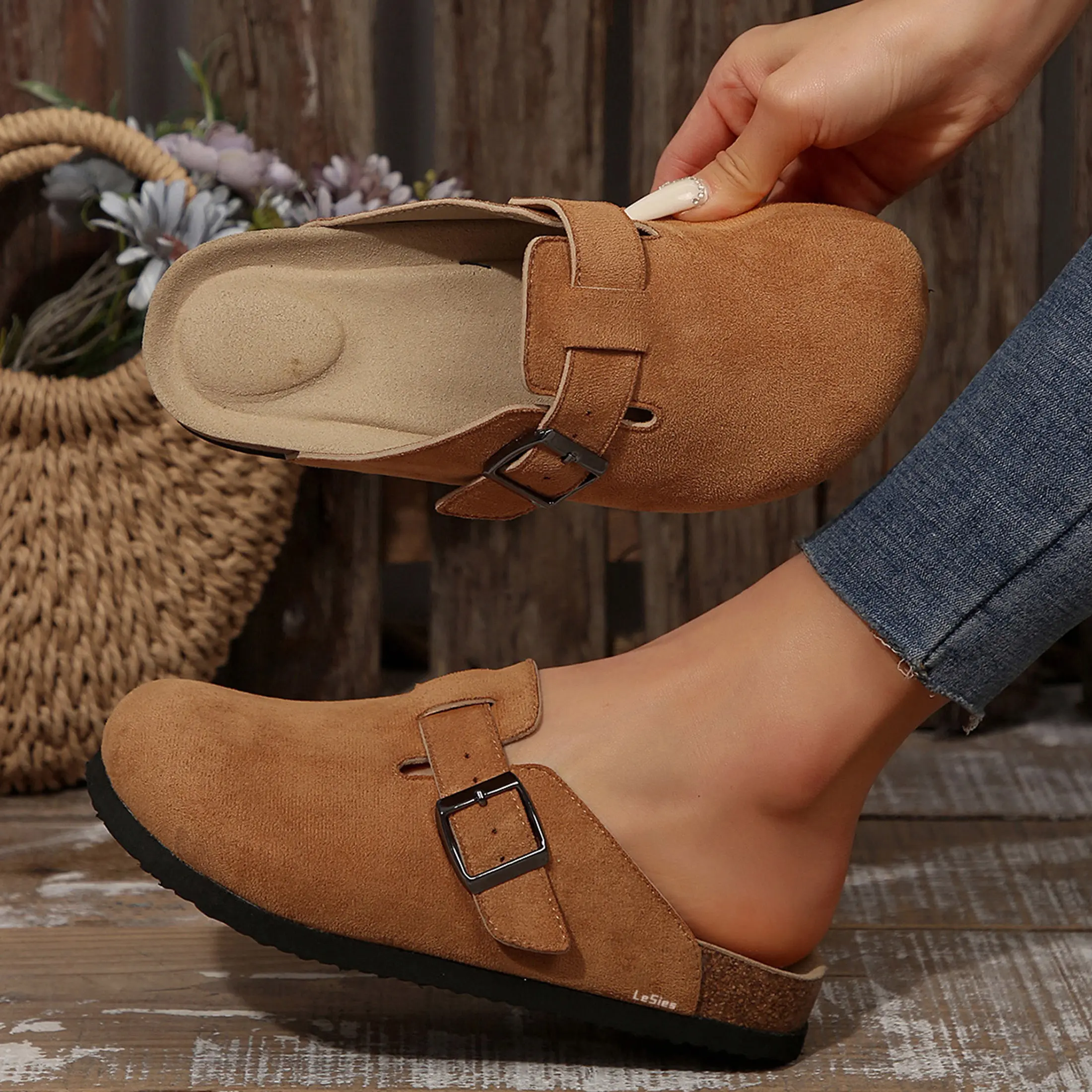 Women's Suede Sandals Comfort Cork Footbed Mules Potato Shoes with Adjustable Buckle