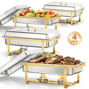 WARMOUNTS 11QT Rectangular Chafing Dishes for Buffet (4-Pack) – Full-Size Stainless Steel Food Warmer with Foldable Frame, Rolled Rim, Lid Holder, Half Gold or Half Black Finish, for Parties, Weddings & Catering