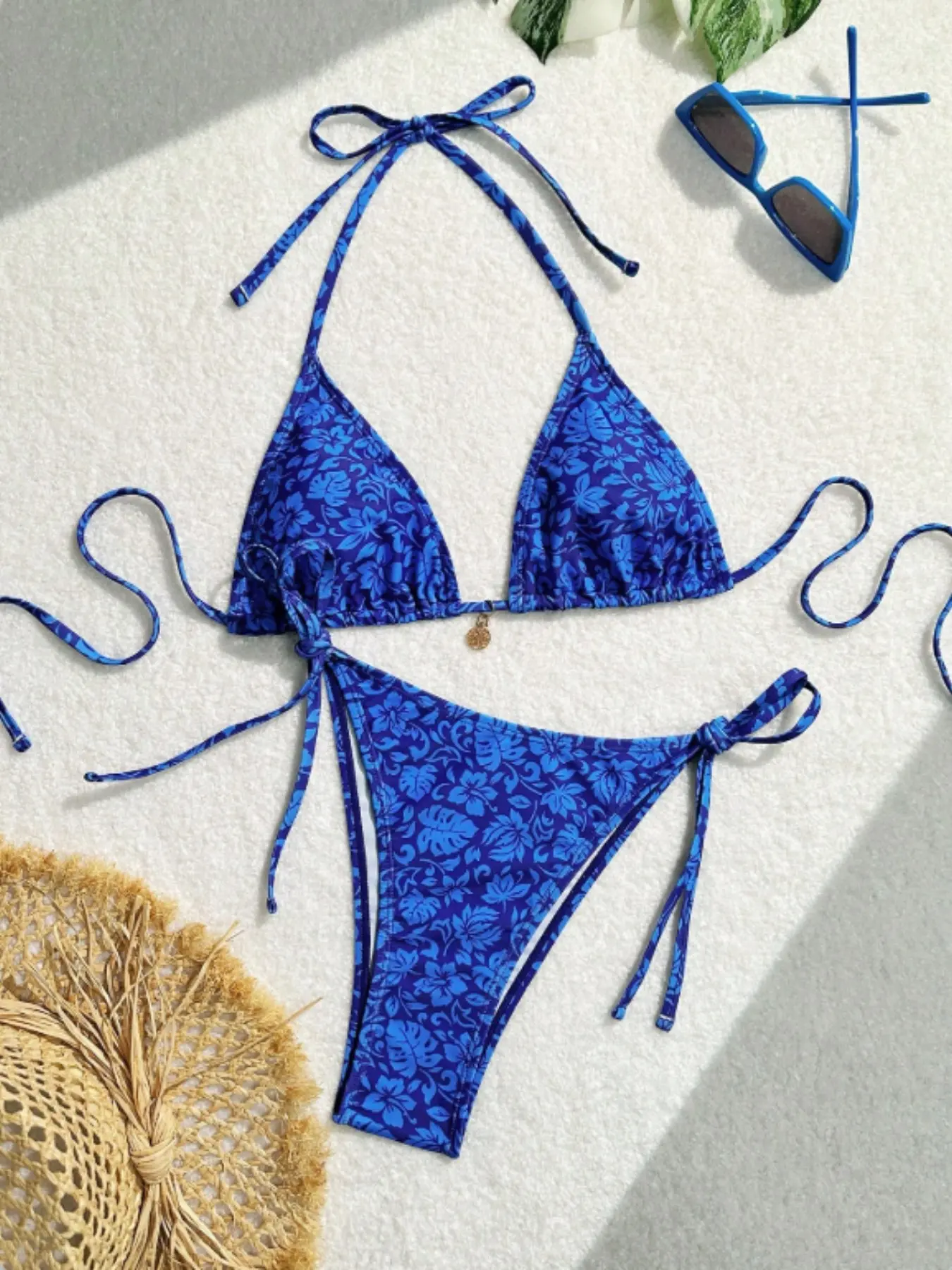 Vintage Tropical Flower Print Triangle Tie Side Bikini Set, Adjustable Tie & Triangle Cup Design for Beach Vacation and Pool Parties, Floral Print Bikini, Fashion Beachwear Swimwear, Beachwear Swimsuit
