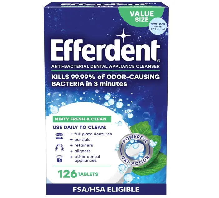 Efferdent Denture Cleaner Supplements– Dental Appliances, Aligners, Mouth Guard, and Retainer Cleaner Supplements, Minty Fresh & Clean, 126 Count