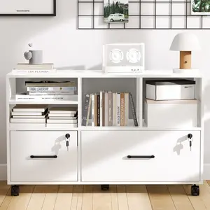2-Drawer Lockable Wooden Lateral File Cabinet - Adjustable Shelves, Rolling Casters, Printer Stand, Desk With Drawers, Home Office Storage (Fits Legal/A4 Files), Drawers Organization