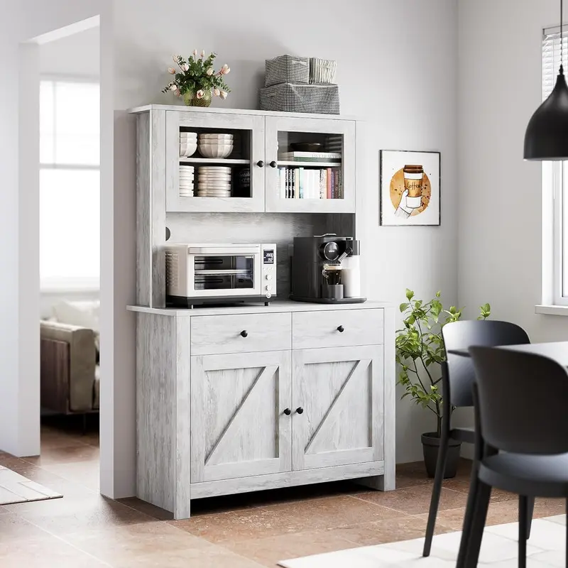 【Christmas Gift】Grey Kitchen Pantry Cabinet with Microwave Stand, Freestanding Hutch Cabinet with Buffet Cupboard, Tall Kitchen Cabinets with Adjustable Shelves for Kitchen, Dining Room