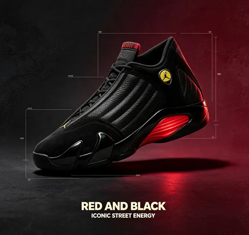 Retro basketball sneakers built with premium soft suede, sleek black upper with bold red accents brings iconic street energy for your eye‑catching daily streetwear outfits