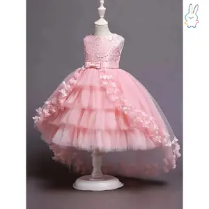 ERT-Girls Elegant & Fancy Sleeveless Fake Pearls Decor Bowknot Front Tiered Mesh Tutu Dress With Flowers Design For Party & Ball