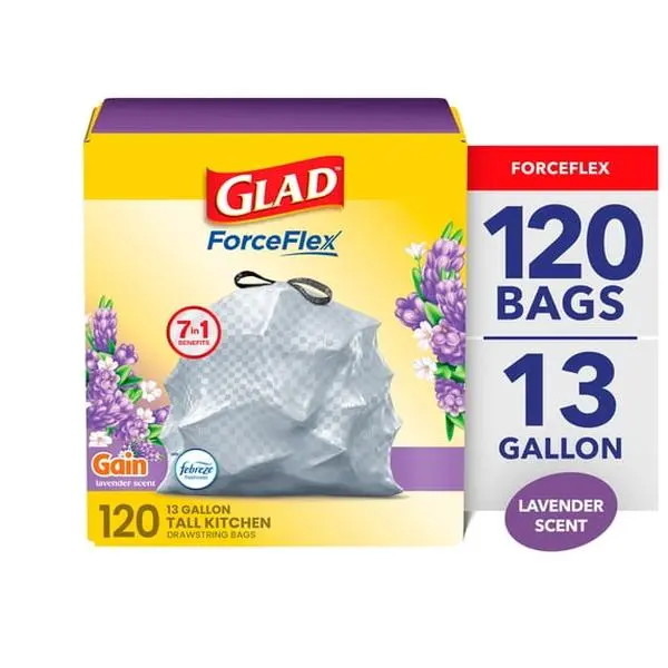 Glad ForceFlex 13-Gallon Drawstring Tall Kitchen Trash Bags, Gain Lavender Scent, 120 Bags