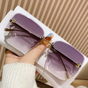 New Metal Frameless Sunglasses for Women, Trendy Letter F Diamond-Embellished Square Large Frame Sunglasses