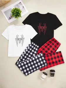 Spider Print Graphic Pajama Set, Casual, Red Black Plaid Loungewear, Soft Material Sleepwear, Comfy Homewear for Relaxing Nights, Trendy Matching PJs Outfit, Stylish Nightwear Set for Home Comfort, Matching Pajamas Set, Popular TikTok