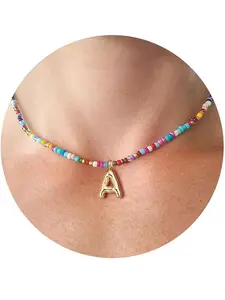 Women's Letter Necklace, Boho Style Multicolor Bubble Letters, Beaded Chain, Personalized Summer Beach Jewelry