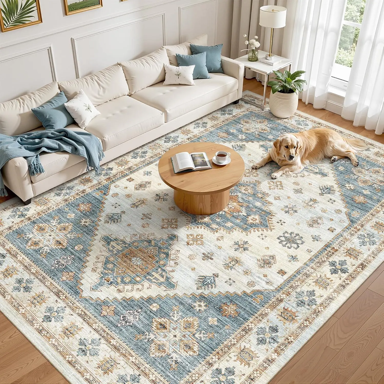 ComiComi Large Washable Area Rugs for Living Room, Blue/Beige | Non-slip Backing, Low-Pile Carpet, Stain Resistant,Rugs for Living Room, Bedroom, Dining Room, Office