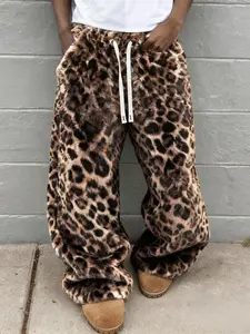 Unisex Leopard Print Fleece Pants Bottoms, Soft Rabbit Fur Fabric, Fall Winter Warm Comfort, Street Hip Hop Streetwear Casual Style, Daily & Outdoor Wear