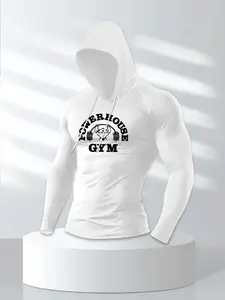 Men's Letter Weightlifting Fashion Print Sports T-Shirt, Bodybuilding Fitness Tee, Hooded Long Sleeve Fitted Polyester, Breathable for Gym Running Training Cycling, Athletic Apparel, Gym Athletic Clothes, Athletic Hooded Shirts, Athletic Sports Clothing