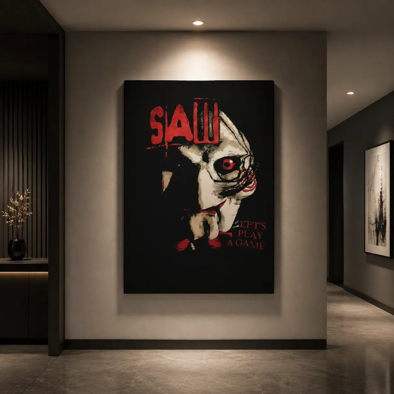 Creepy Puppet Horror Poster - Dark Red and Black Dark Colors Wall Art, Spooky Look Gothic Decor for Halloween Bedroom, Hallway