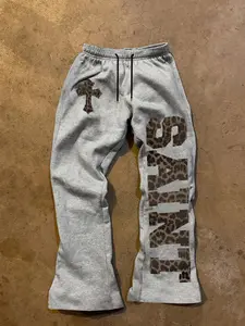 SAINT Leopard Religious Trend Light Gray Loose Sweatpants, Casual Jogging Pants, SAINT Leopard Font + Leopard Cross + Light Gray Base Print Soft Fabric Casual Streetwear Essential Unisex Bottoms