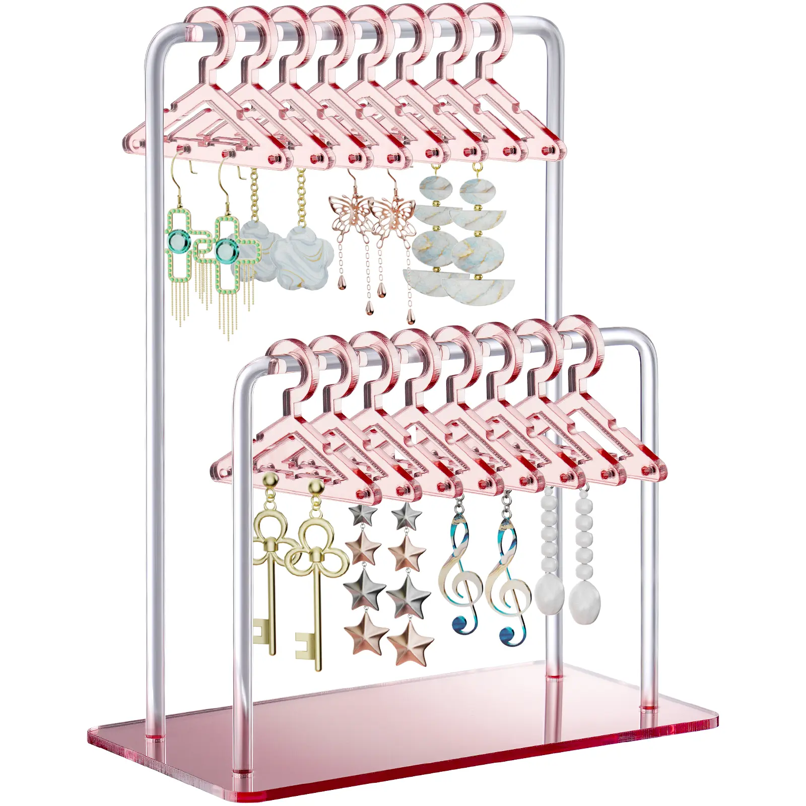 NiHome Modern Mirror-Finish Acrylic Earring Holder - Double-Tiered Design, 48-Pair Capacity, Earring Display, Vanity Table Organizer with Double Rod Clothing Rack for Bathroom Home Decor
