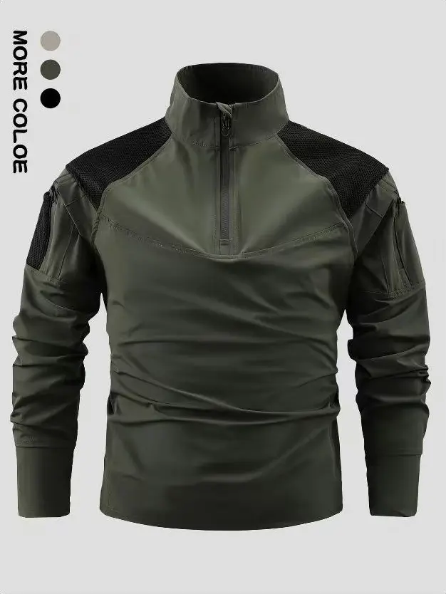 Men's Tactical Quarter Zip Pullover, Loose Cut Nylon Blend with Contrast Panels and Arm Pockets, Military Outdoor Wear, Military Style, Polyamide, Male, Black, Hiking / Light Outdoor, Wear-Resistant, Outdoor Athletic