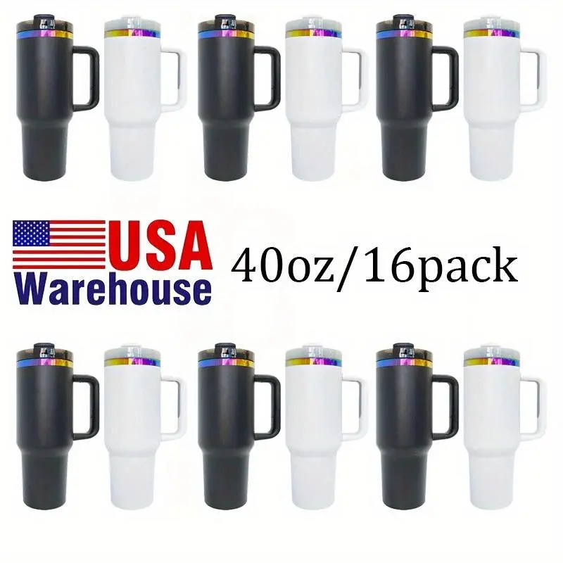 16-Pack 40oz Powder Coated Stainless Steel Double Insulated Mug, Leak-Proof Vacuum Flasks with Straw & Removable Handle, Portable Large Capacity Travel Mugs for Laser Engraving, Holiday Gifts, Outdoor Sports