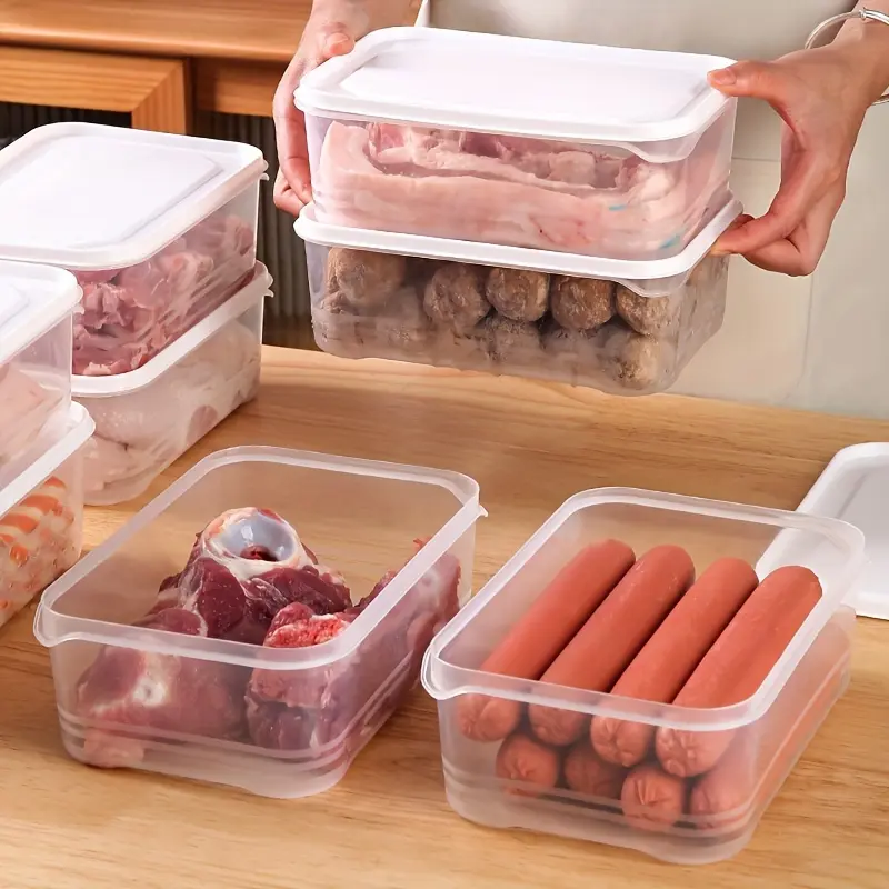 4pcs 42-oz Stackable Plastic Refrigerator Storage Containers with Lids, BPA-Free, PP-Free, Rectangular, Multipurpose Reusable Hand-Washable for Meat, Fruits