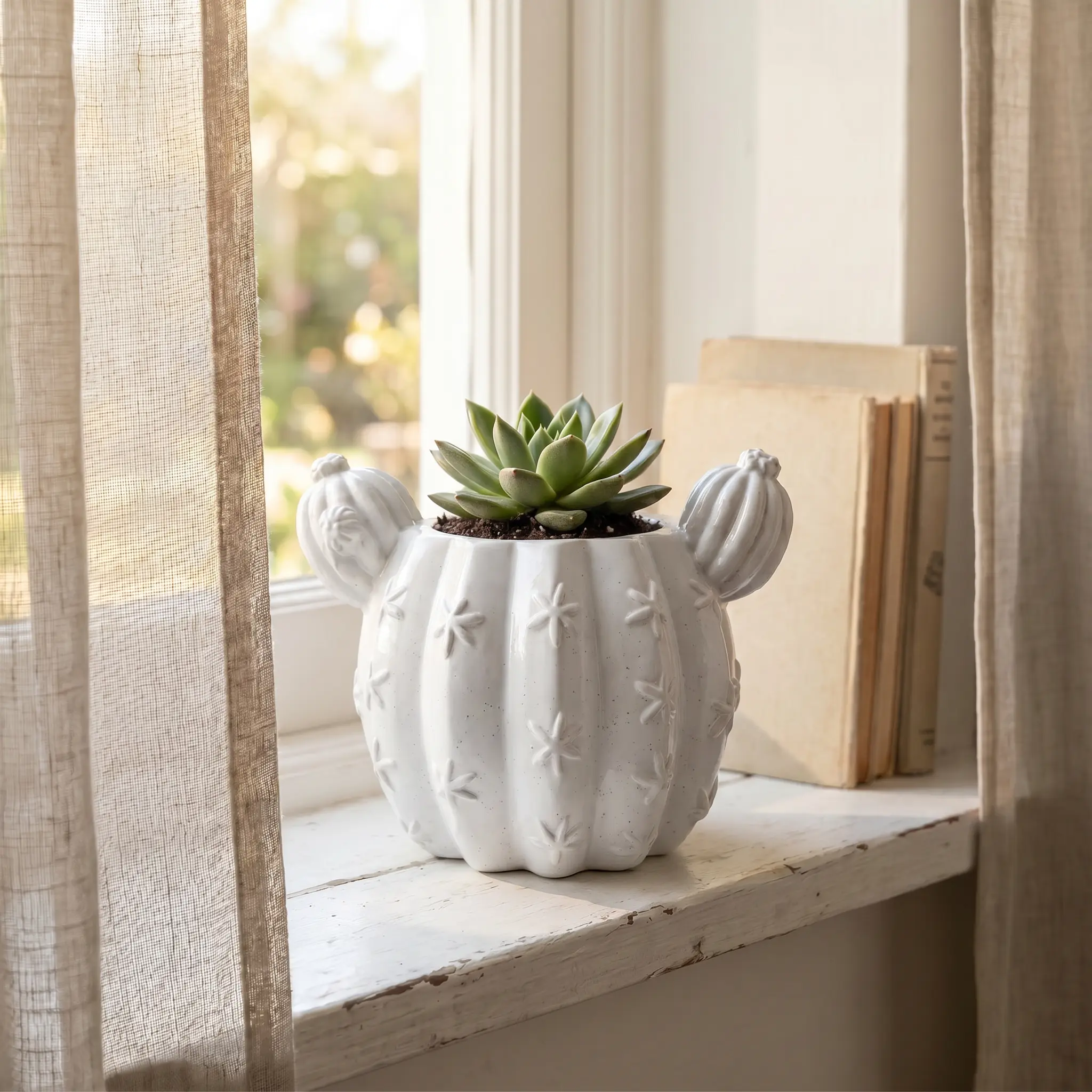 Barrel Cactus Planter Gypsum White 3.5" | Handmade Sculptural Planter | Sunsum Decorative Pot Rustic Flower Pot