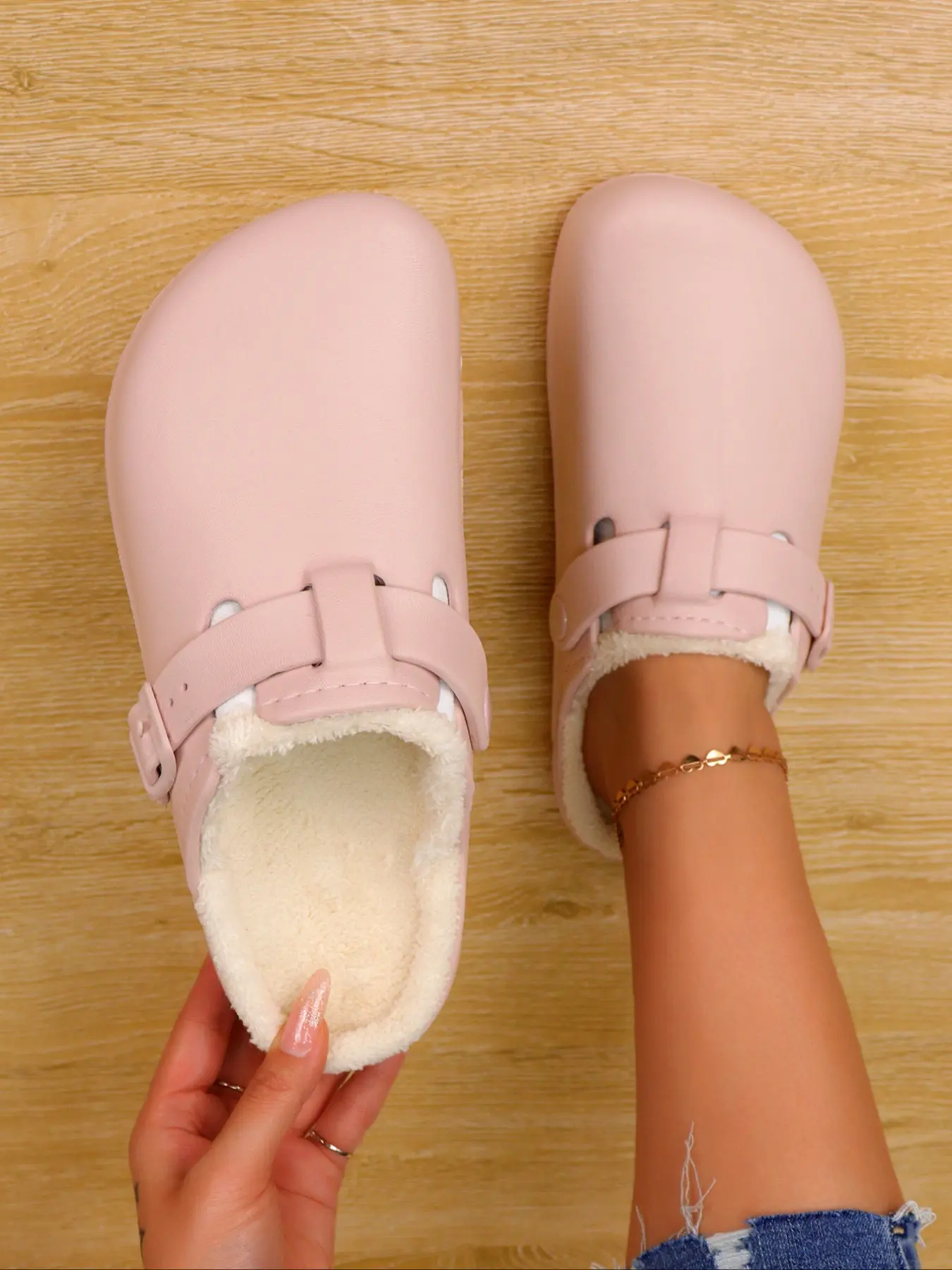Women's Comfortable Solid Color Fluffy Wooden Sole Shoes, Soft Thick Cushioning, Adjustable Buckle Strap, Lightweight Eva Material, Minimalist Foot Clogs, Slip On Clog