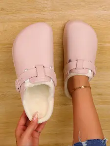 Women's Comfortable Solid Color Fluffy Wooden Sole Shoes, Soft Thick Cushioning, Adjustable Buckle Strap, Lightweight Eva Material, Minimalist Clogs