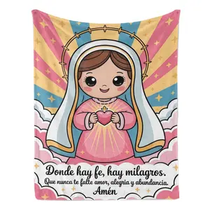 Spanish Catholic Virgin Mary Soft Cozy Flannel Blanket Cute Cartoon Religious Faith Quote Plush Throw Warm Fuzzy Bedroom Sofa Blanket Perfect Christian Gift for Women Mom Grandma for Birthday Holiday
