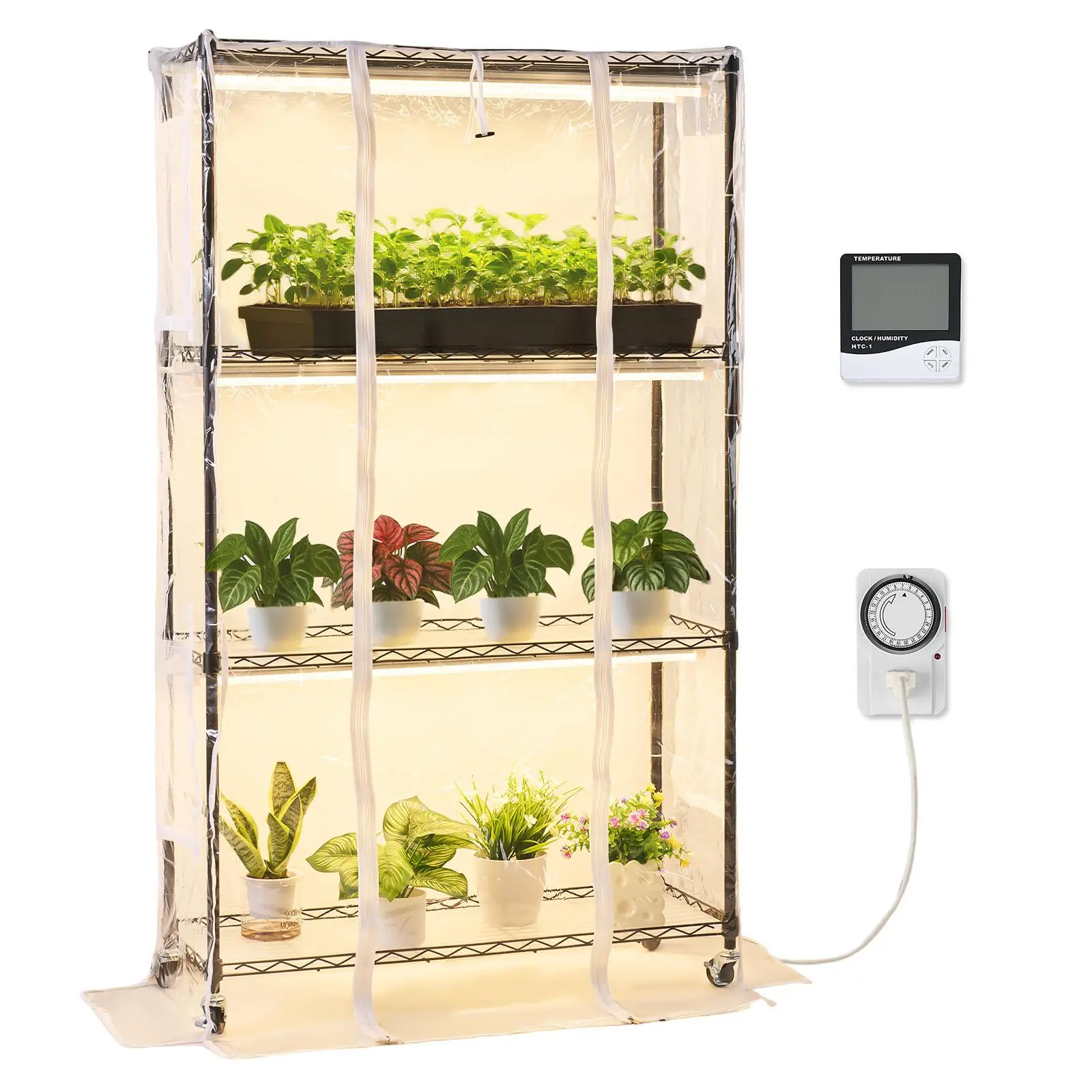 VEVOR Indoor Greenhouse with Grow Light, 59 in Tall 4-Tier Plant Stand with Clear Cover, Timer & Hygrometer, 180W Full Spectrum Grow Lights, Metal Lighted Plants Shelf Holder for Indoor Plants#BackToSchool