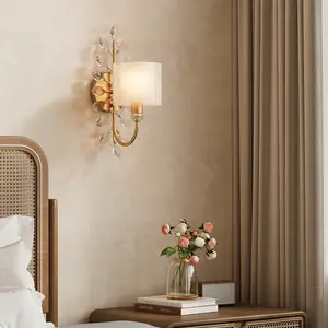 Tribesigns Gold Bedroom Branch Light Fixtures, Modern Decorative Wall Sconce with Crystal Leaves Shape, Double-Layer Fabric Lampshade Wall Light for Living Room, Stairwell, Entryway(E12 Base)