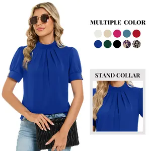 Women's Elegant Minimalist Chic Mock Neck Short-Sleeve Puff Sleeve Pleated Chiffon Blouse - Breathable Comfortable Basic Quality Fabric Day Clothes, Dressy Casual Summer Shirt Ideal for Business Office, Pair with Trousers #Springfresh