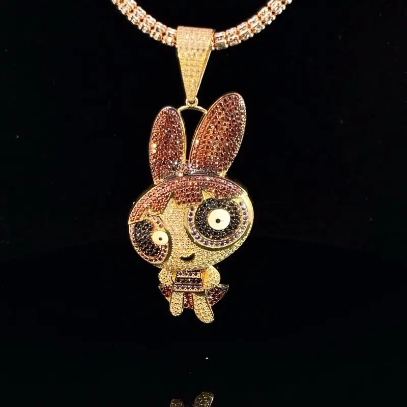 Gold Pendant Powerpuff Girls Blossom 14KT with Zirconia - Character Design in Gold