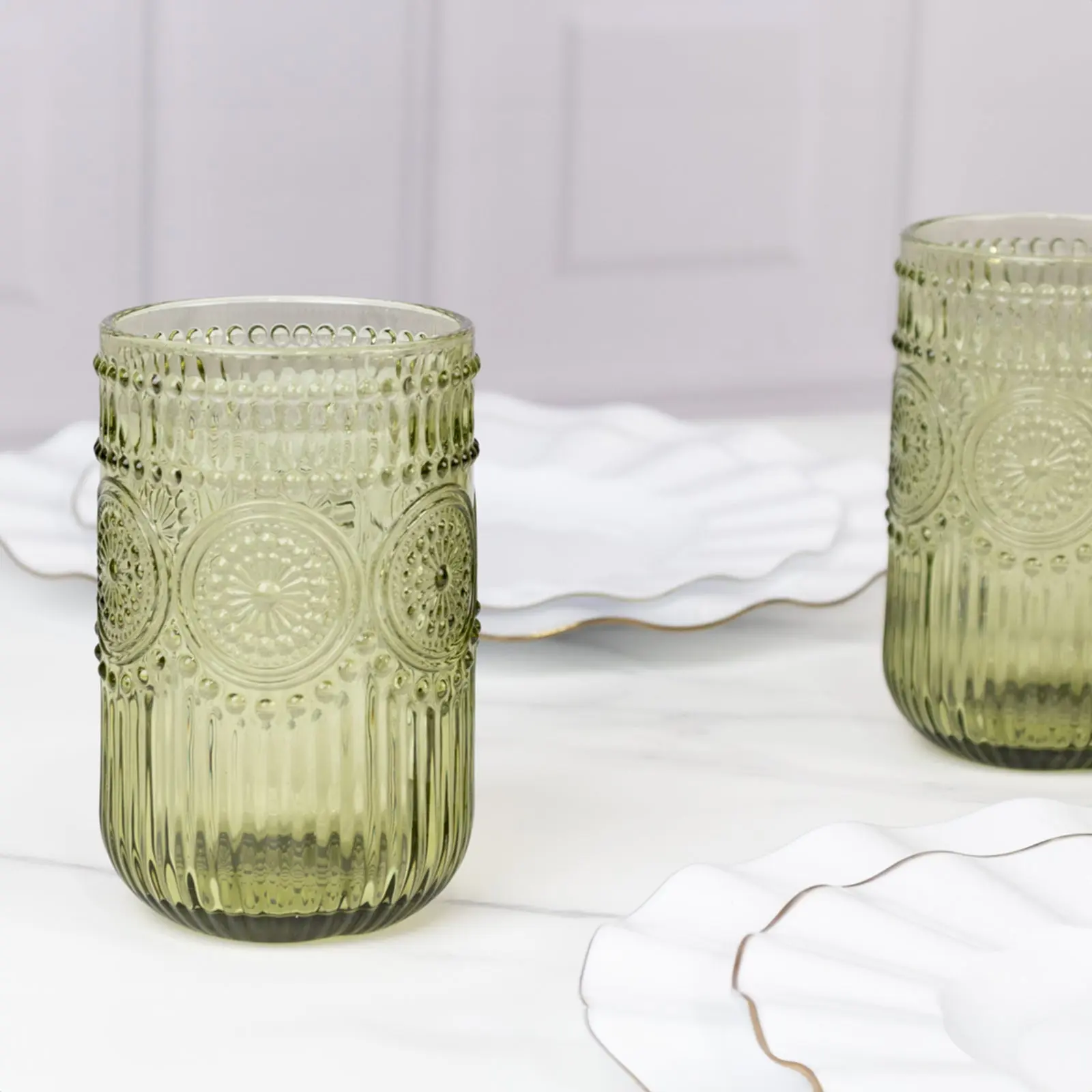 6-Pack Vintage Embossed Glass Tumblers 14oz Highball Design Dusty Sage Green - Textured Floral Pattern for Cocktails & Drinks