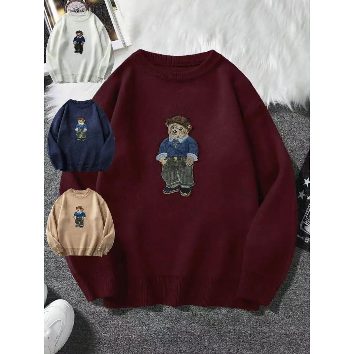 Unisex Fall-Winter Cartoon Bear Embroidered Round Neck Soft Knit Pullover - Casual Wear Knitwear for Sports & Outdoor Activities, College-Style Comfortable Fashion Top