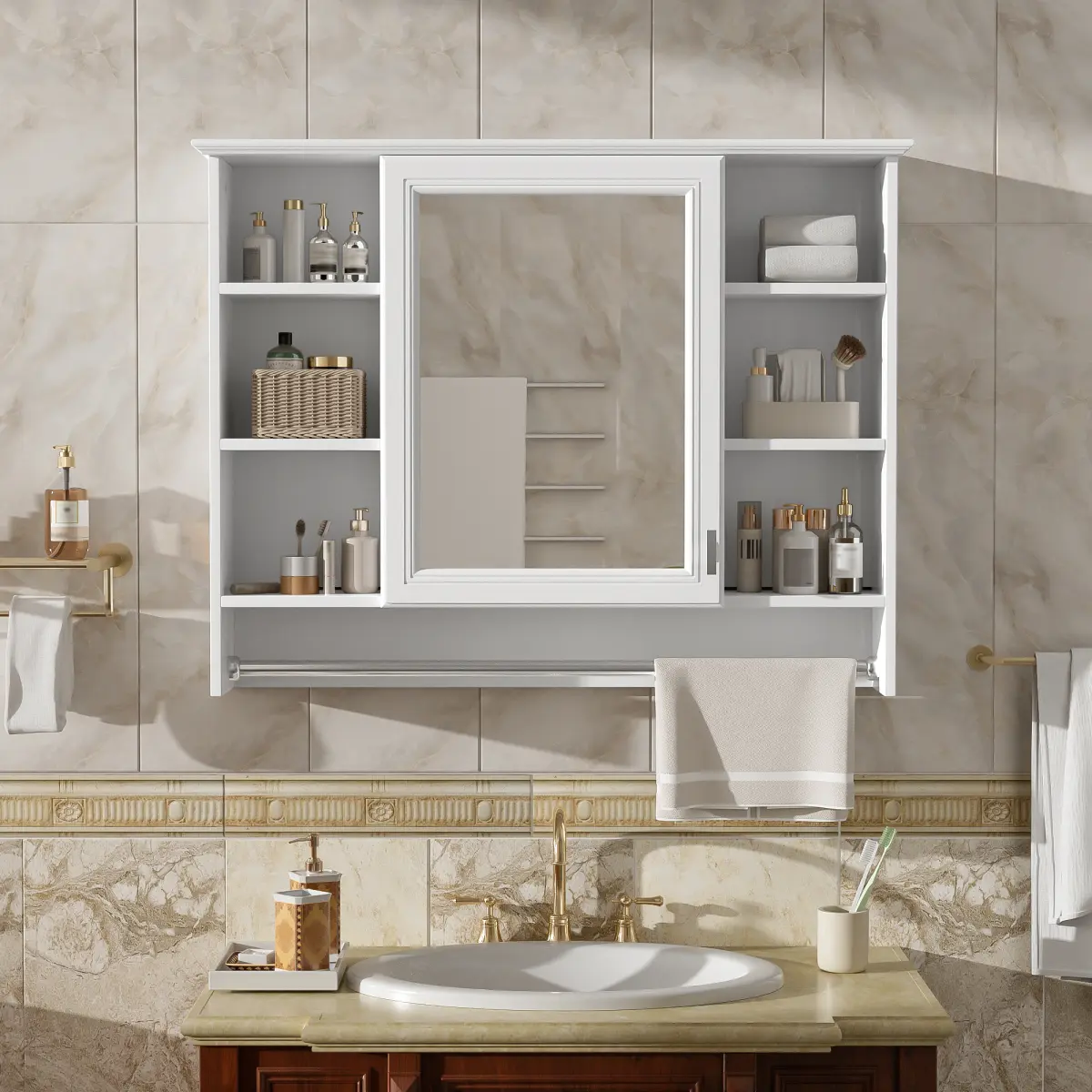 [Fahuac] 36-Inch White Wall-Mounted Built-In Concealment Large-Scale Adjustable High-Transparency Mirror Cabinet, Bathroom Medicine Cabinet with Soft-Close Door, Adjustable Shelf & Towel Bar, High-Def Vanity Storage, Adjustable Mirror Cabinets, Built-In M