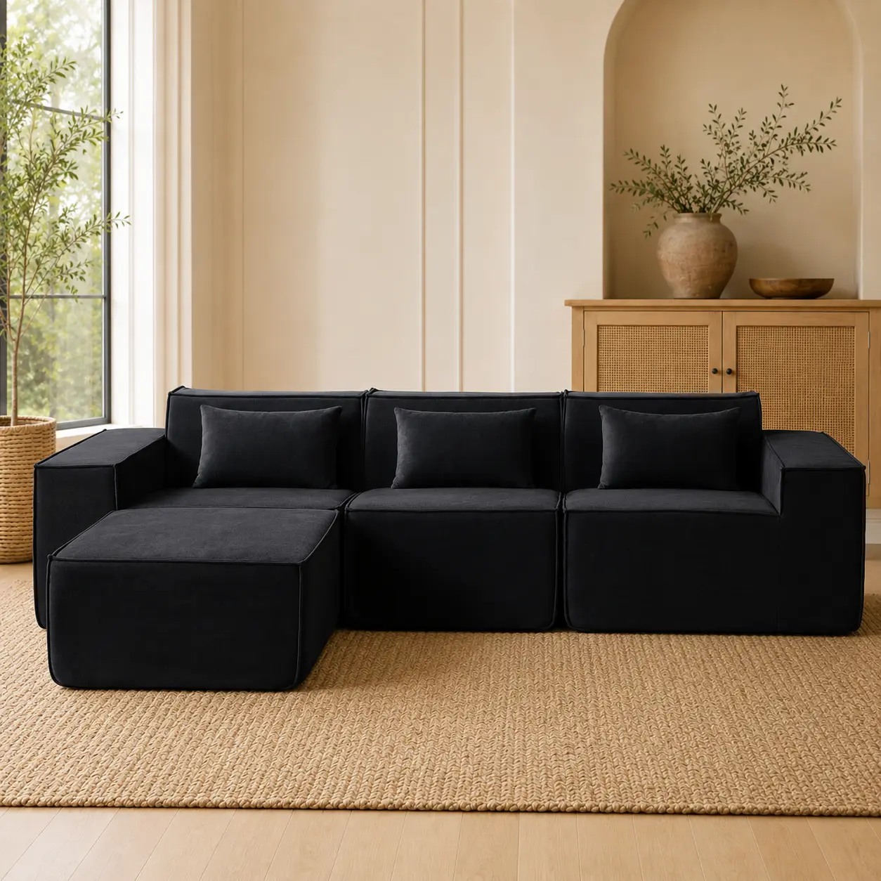 Cloud Velvet Modular Sectional Sofa, 3-Seat Couch with Left Chaise, Deep Seat Lounge Sofa