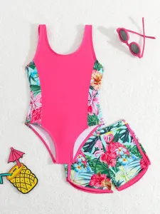 Girls' Flamingo Swimsuit Set, Cute 2-Piece (one Piece + Shorts), Summer Vacation Essential for Little Girls