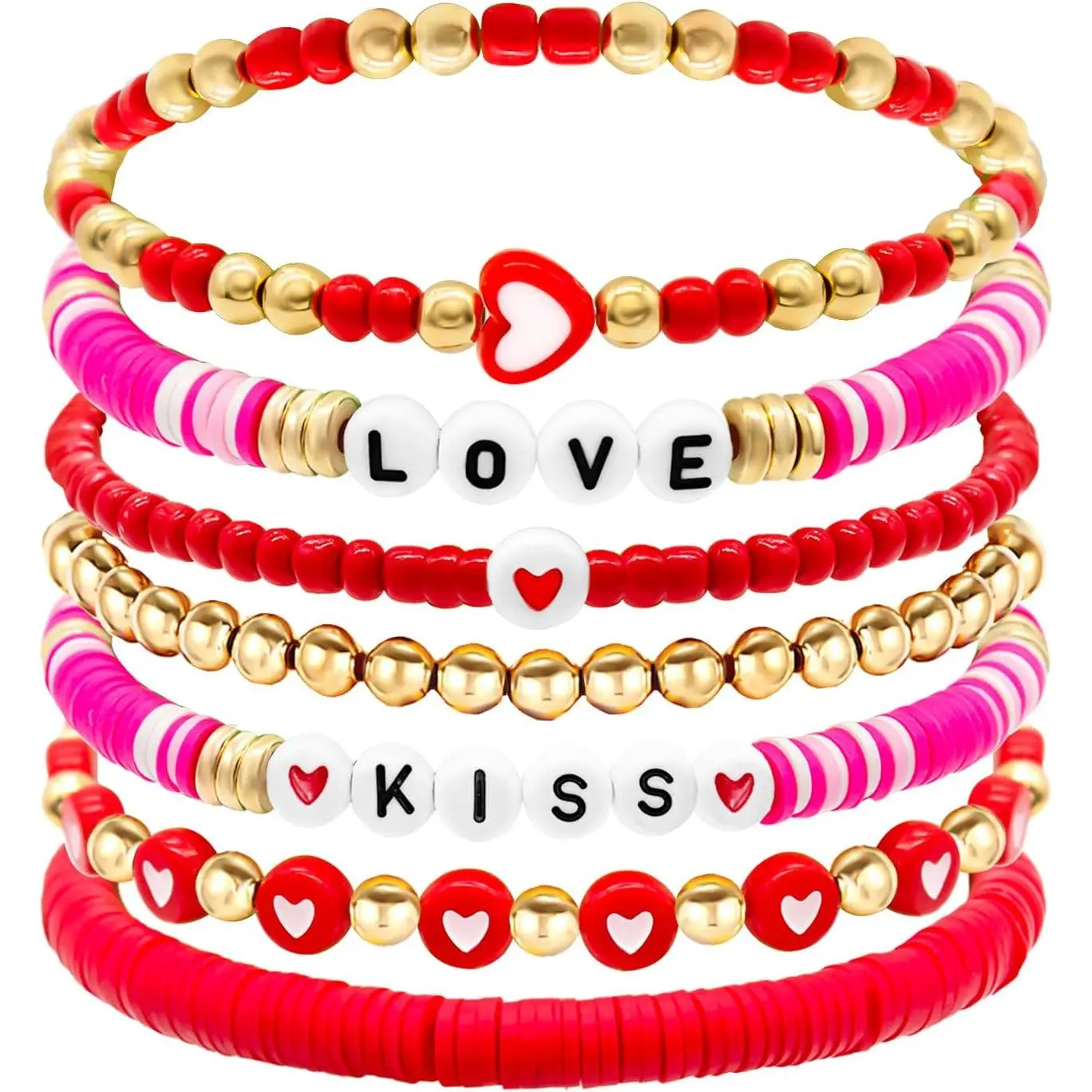 Valentines Bracelet for Women Clay Bead Bracelet Heishi Surfer Bracelets Set Love Heart Valentines beaded Bracelets Bulk Cute Pink Red Stackable Stretch Bracelets for Valentines Accessories Jewelry Gifts