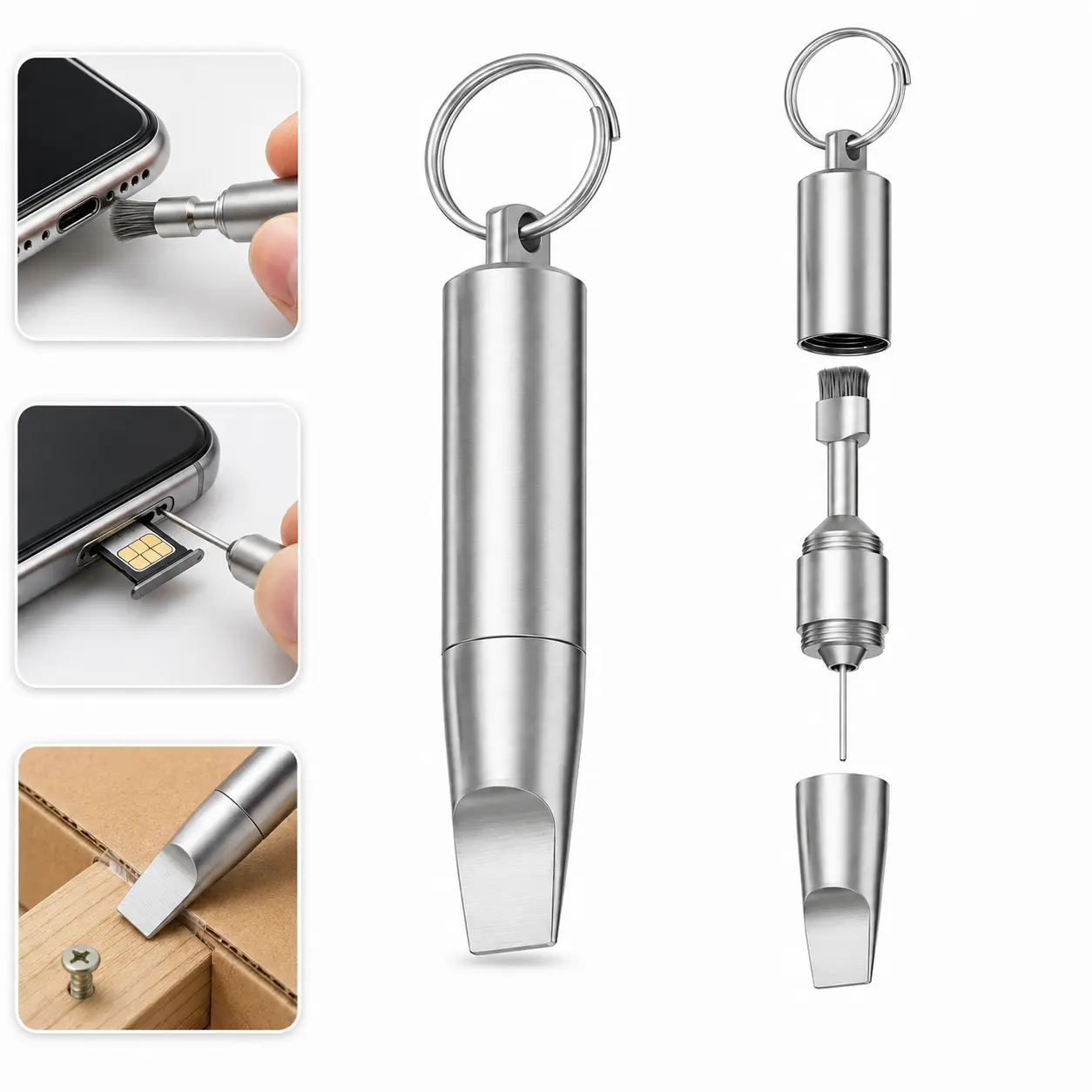 NUYETE 3-in-1 Mini Tech Cleaning Keychain Tool, Portable SIM Card Ejector Pin with Soft Brush & Flathead Screwdriver, Compact Metal Phone Cleaning Kit for Charging Ports, Earbuds, Keyboards and Electronics