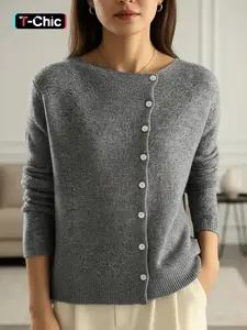 Women's Plain Button Front Cable Knit Sweater, Casual Long Sleeve Round Neck Jumper for Fall & Winter, Women's Knitwear for Daily Wear