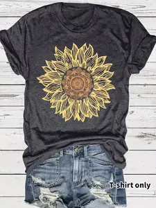 Bangely Women's Vintage Sunflower Print Casual Summer T-Shirt, Breathable Fitted Short Sleeve Top S-Xxl, Perfect for Everyday Wear
